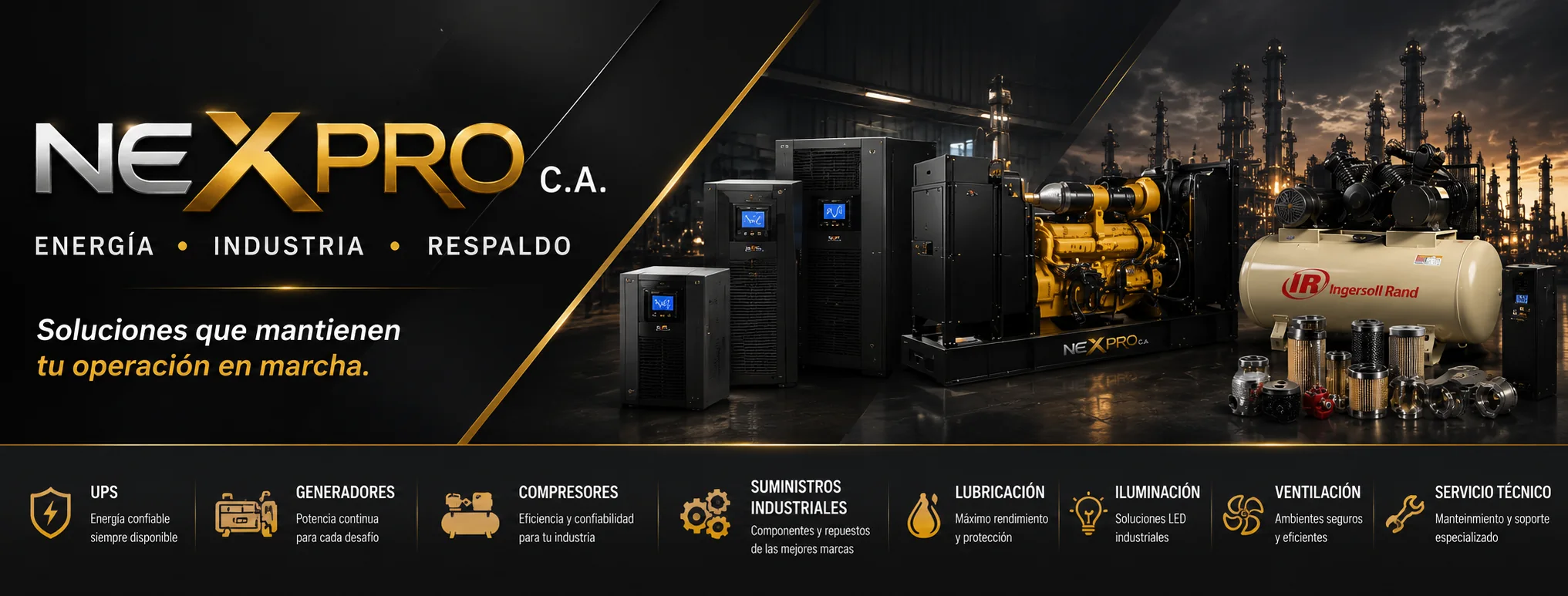 Panorama de soluciones NEXPRO: UPS, generadores, compresores, suministros industriales, lubricación, iluminación, ventilación y servicio técnico